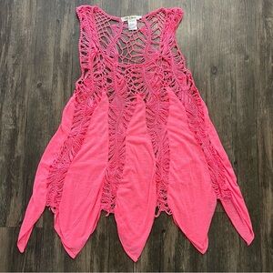 Rima Swim Cover Up Women's Pink Crocheted Scalloped Bottom Stretch Beach Pool L